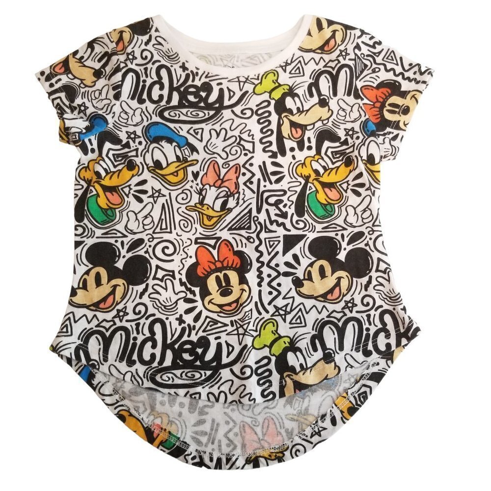 DISNEY Shirt Girls Small 6/6X Graffiti Newsprint Scoop hem Colorful Mickey Mouse